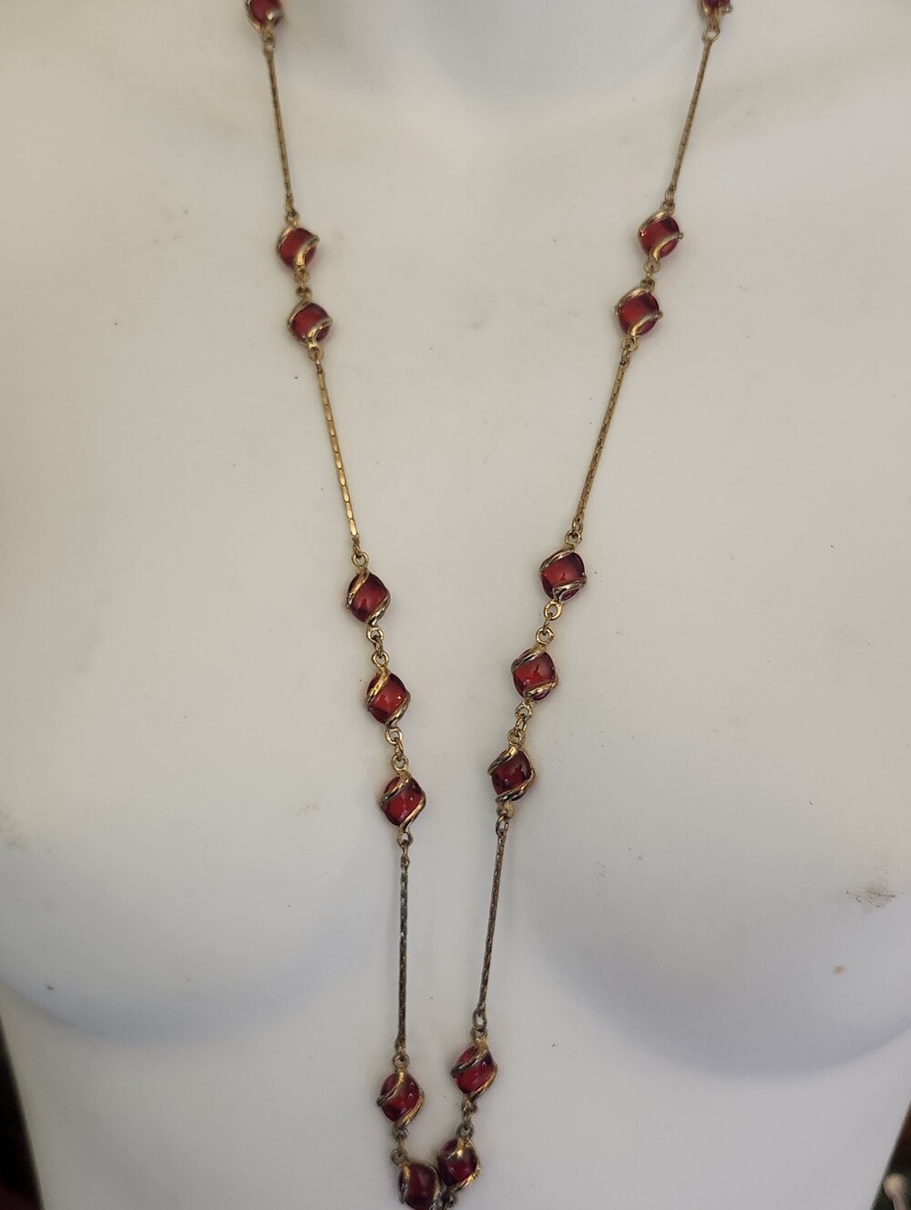 Gold-Tone Long Station Necklace with Ruby Red Stone Accents - 30 Inches